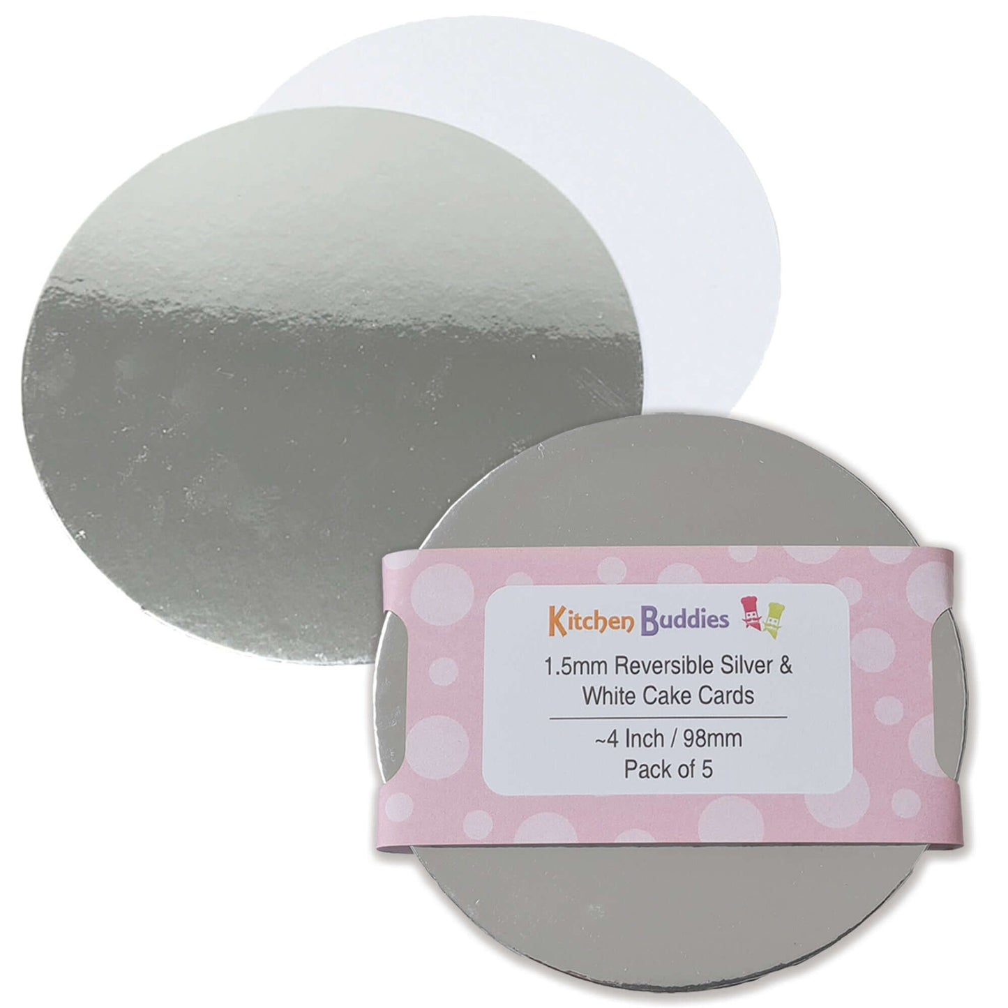 Round reversible silver and white cake cards, 1.5mm thick, perfect for cake presentation, pack of 5.
