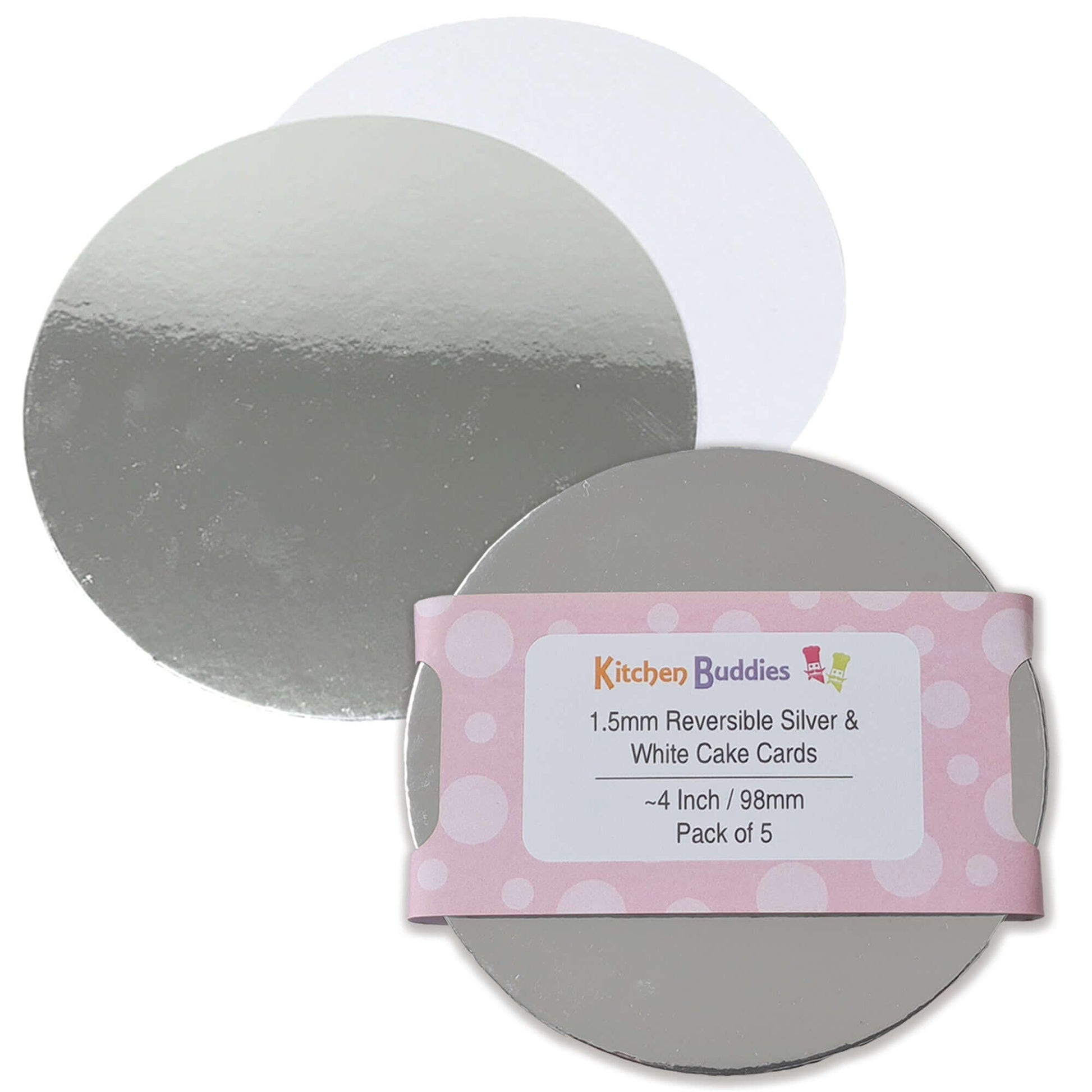 Round reversible silver and white cake cards, 1.5mm thick, perfect for cake presentation, pack of 5.