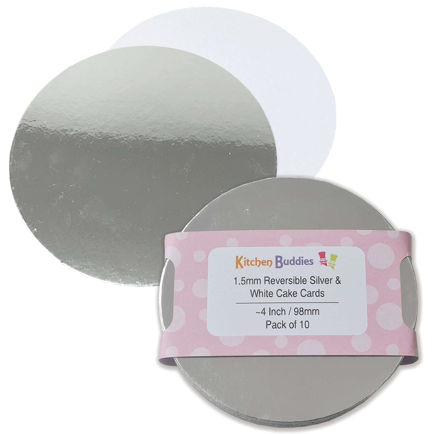 Round reversible silver and white cake cards, 1.5mm thick, perfect for dessert presentation and cake bases, pack of 10.