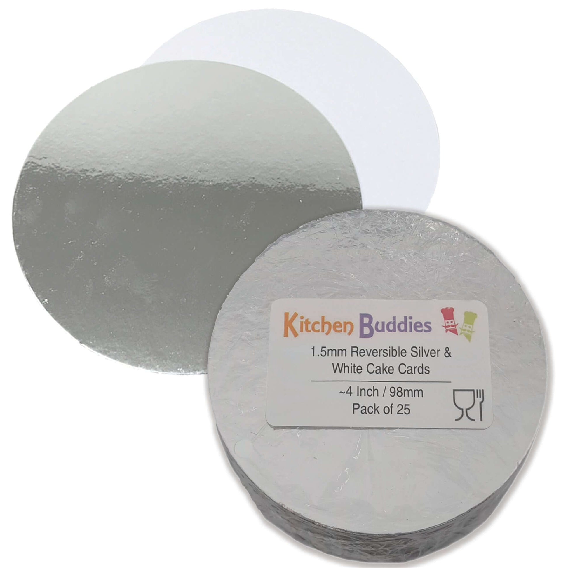 Round silver and white reversible cake cards, 1.5mm thick, perfect for dessert presentation and stacking cakes.