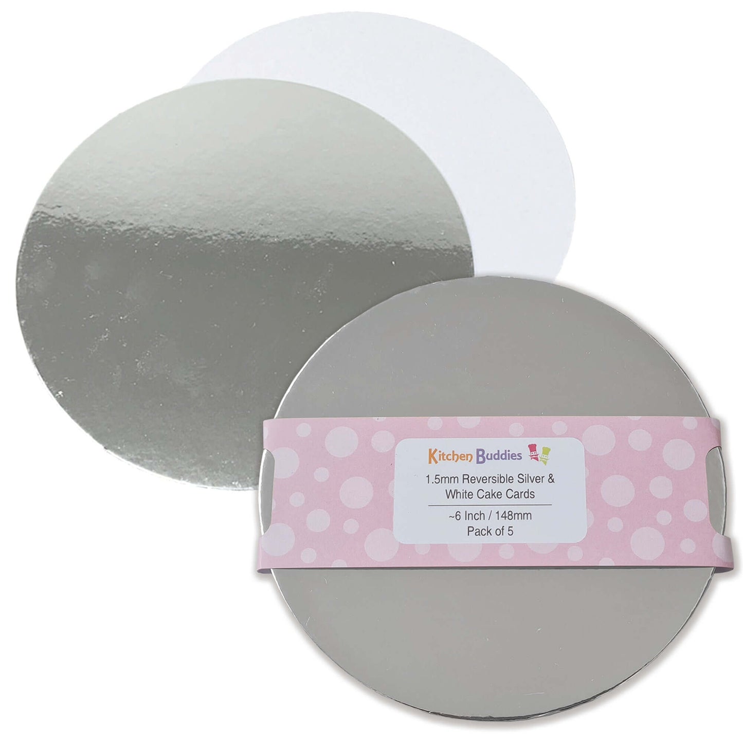 Round reversible silver and white cake cards, 1.5mm thick, perfect for cake presentation and dessert displays.