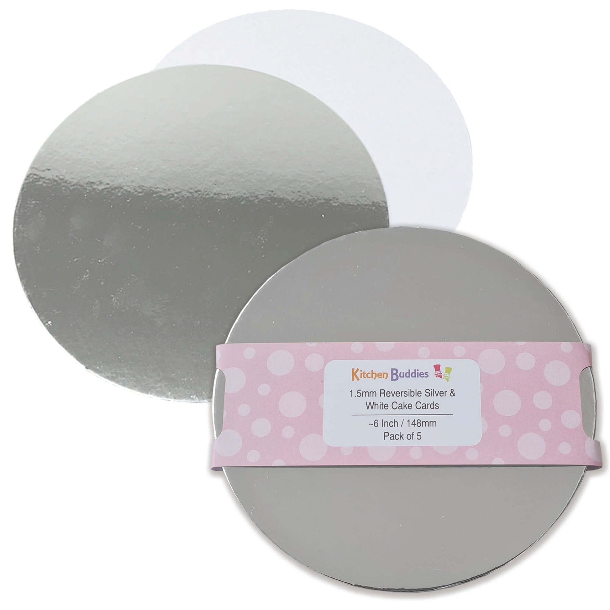 Round reversible silver and white cake cards, 1.5mm thick, perfect for cake presentation and dessert displays.