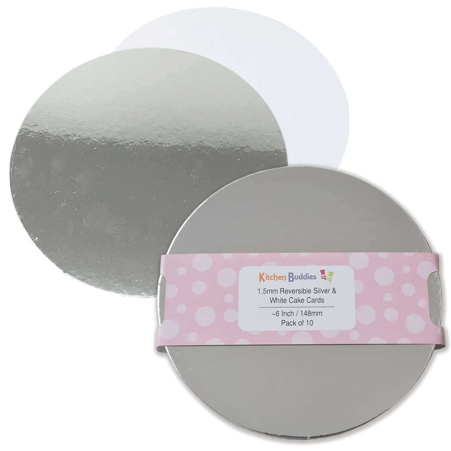 Round reversible silver and white cake cards, 1.5mm thick, perfect for presenting desserts, pack of 10.