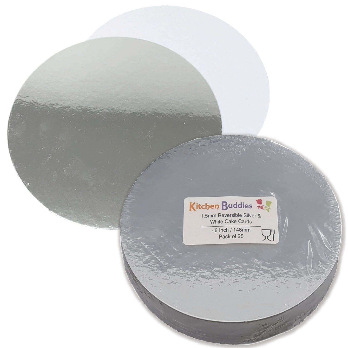 Round reversible silver and white cake cards, 1.5mm thick, perfect for cakes and desserts, pack of 25.