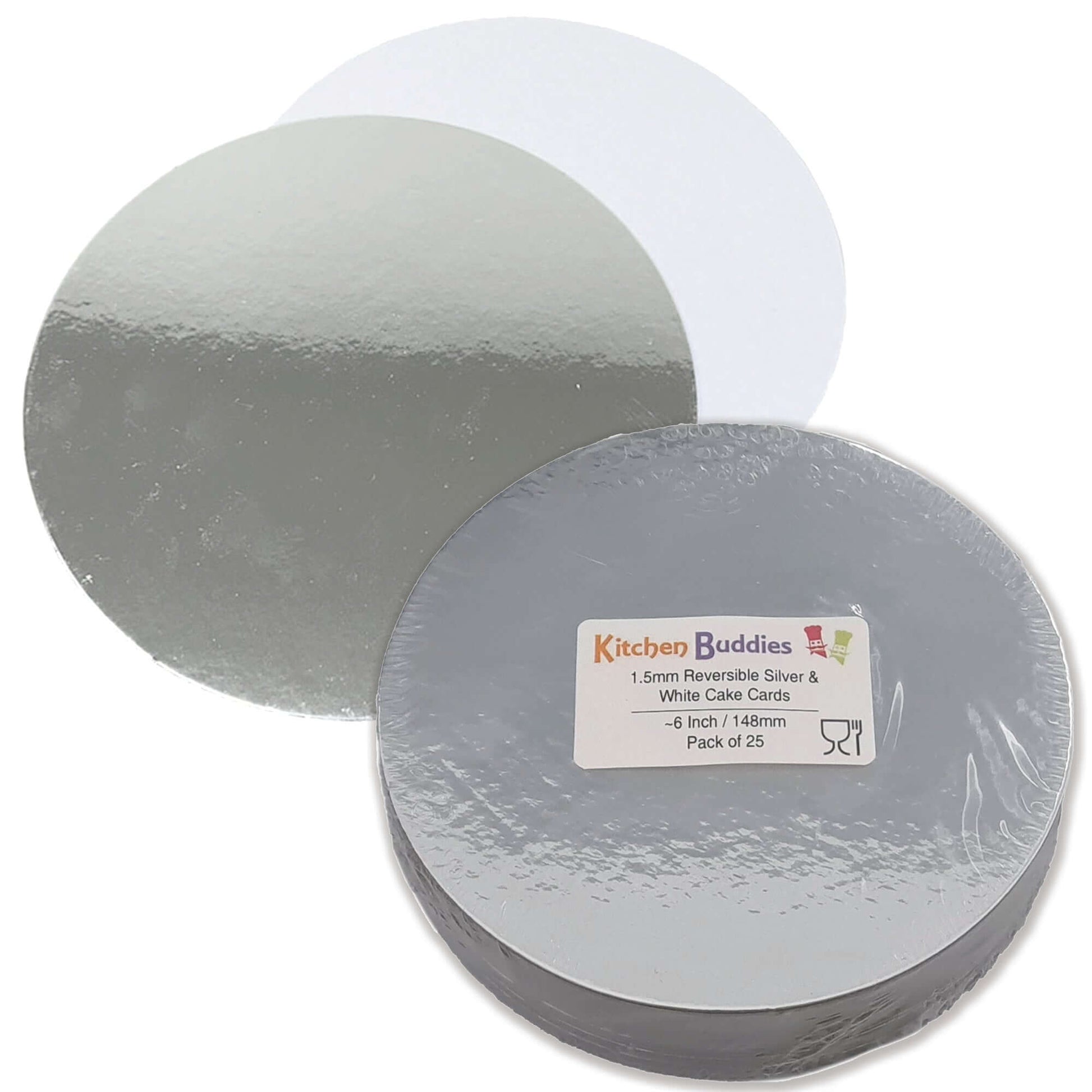 Round reversible silver and white cake cards, 1.5mm thick, perfect for cakes and desserts, pack of 25.