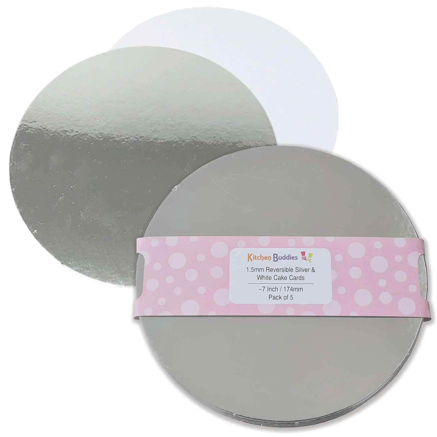 Round reversible silver and white 1.5mm thick cake cards for cakes and desserts, pack of 5.