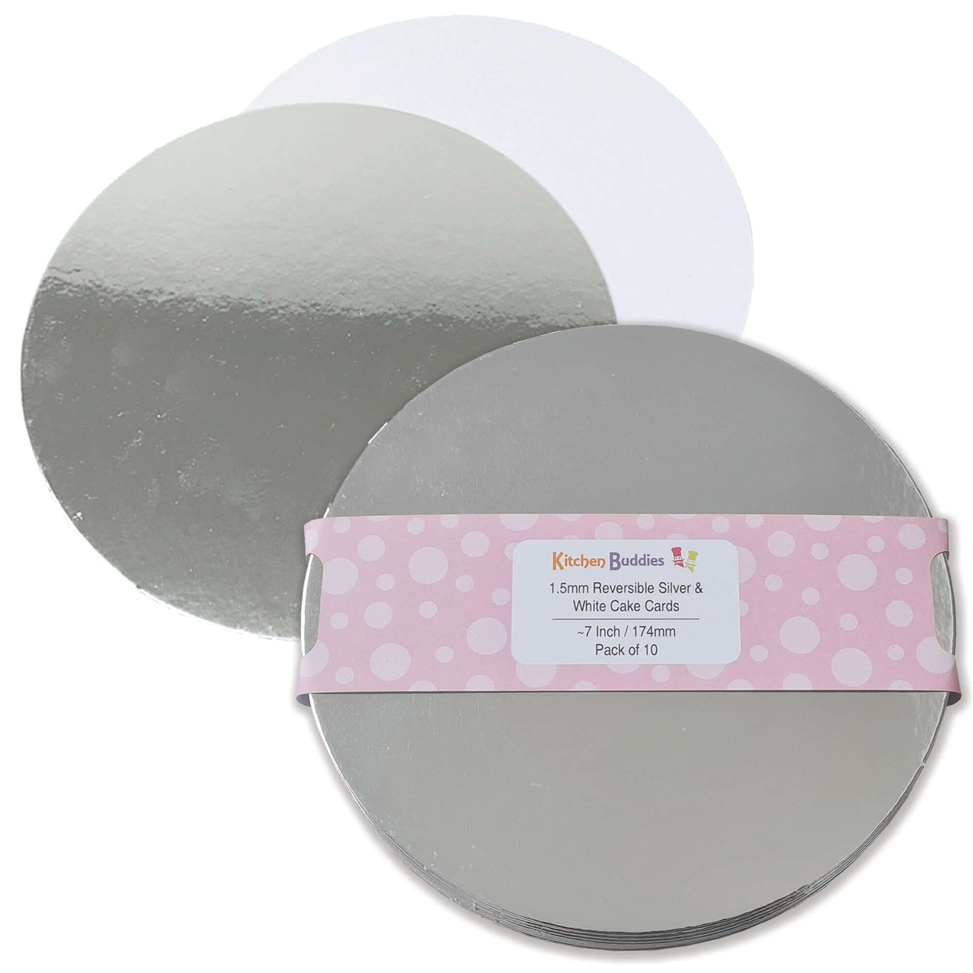 Round reversible silver and white cake cards, 1.5mm thick, perfect for cakes and desserts, pack of 10.