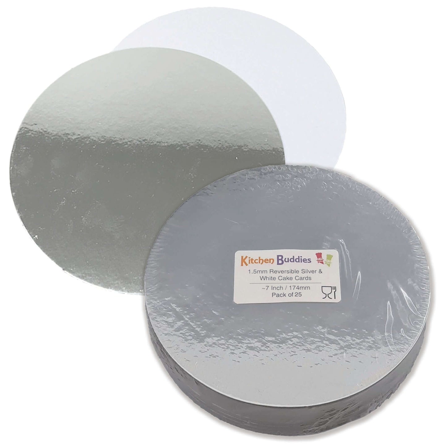 Round reversible silver and white cake cards, 7-inch, 1.5mm thick, ideal for presenting cakes and desserts.