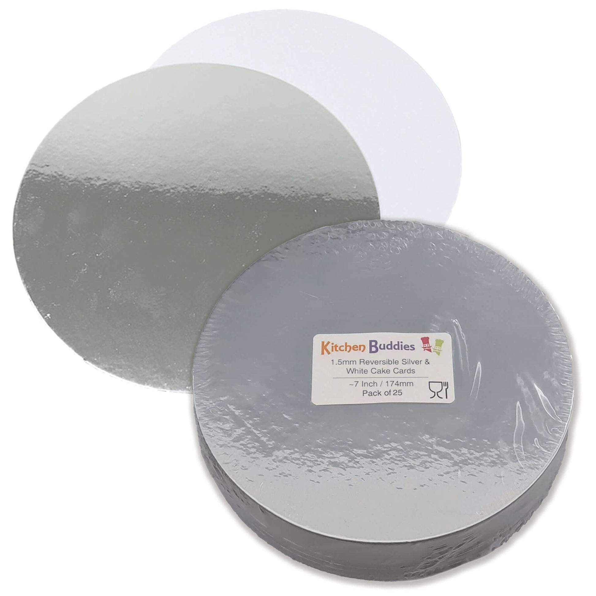 Round reversible silver and white cake cards, 7-inch, 1.5mm thick, ideal for presenting cakes and desserts.