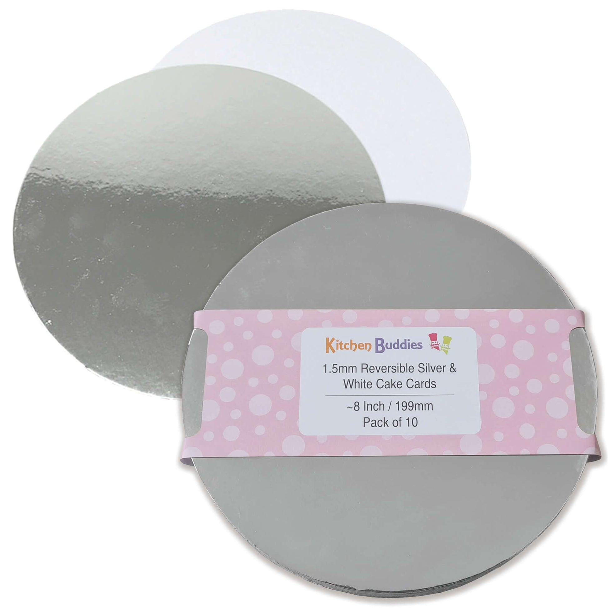 Round reversible silver and white cake cards, 1.5mm thick, perfect for sponge cakes and desserts, pack of 10.