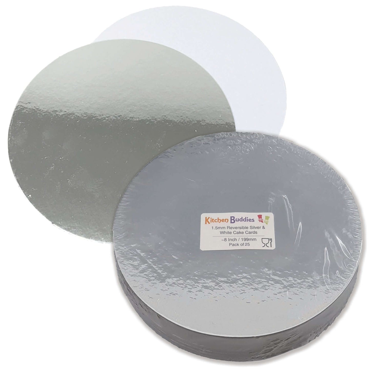 Round reversible silver and white cut-edge cake cards, 1.5mm thick, perfect for presenting desserts and cakes.