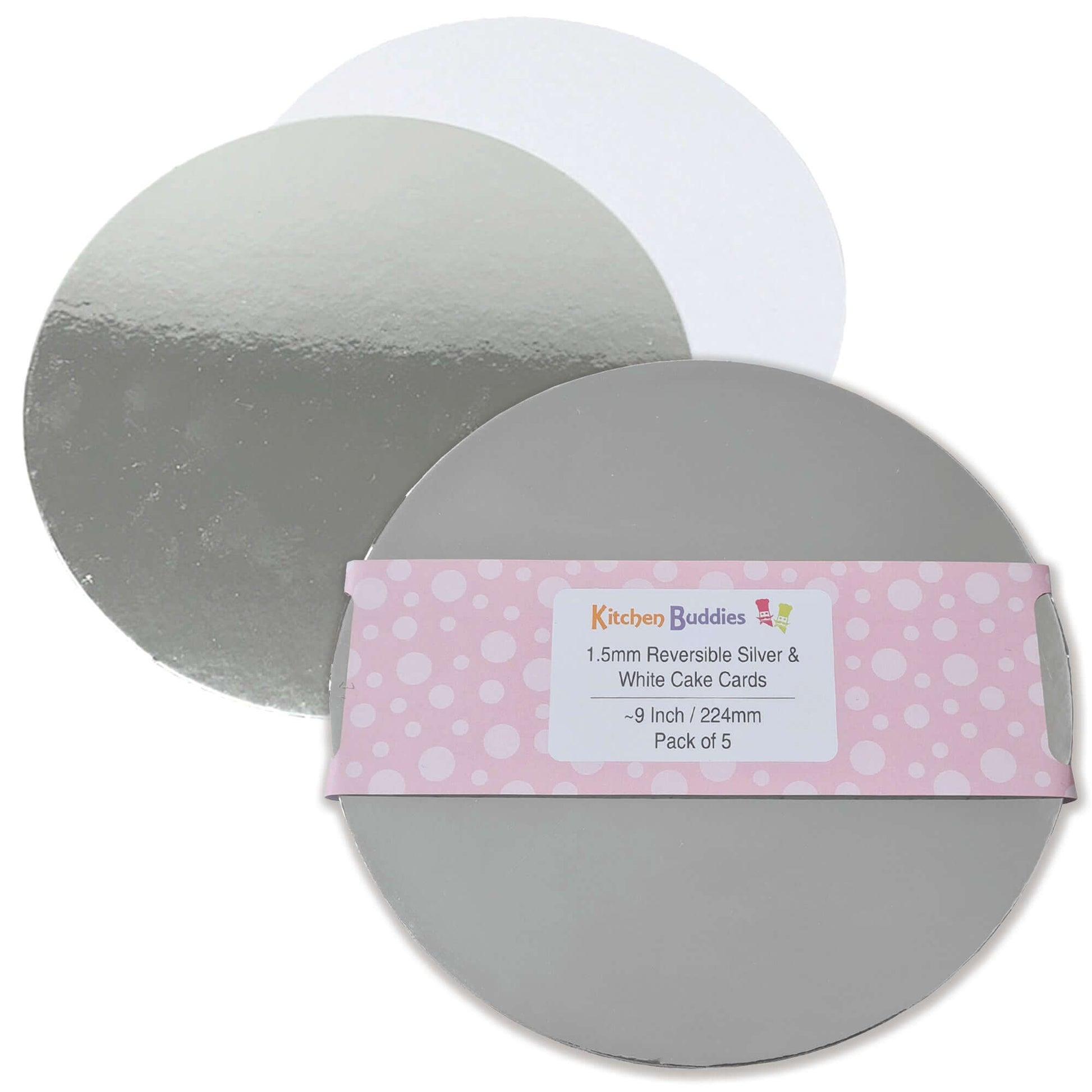 Round reversible silver and white cake cards, 9-inch, pack of 5, ideal for cake presentation and dessert displays.
