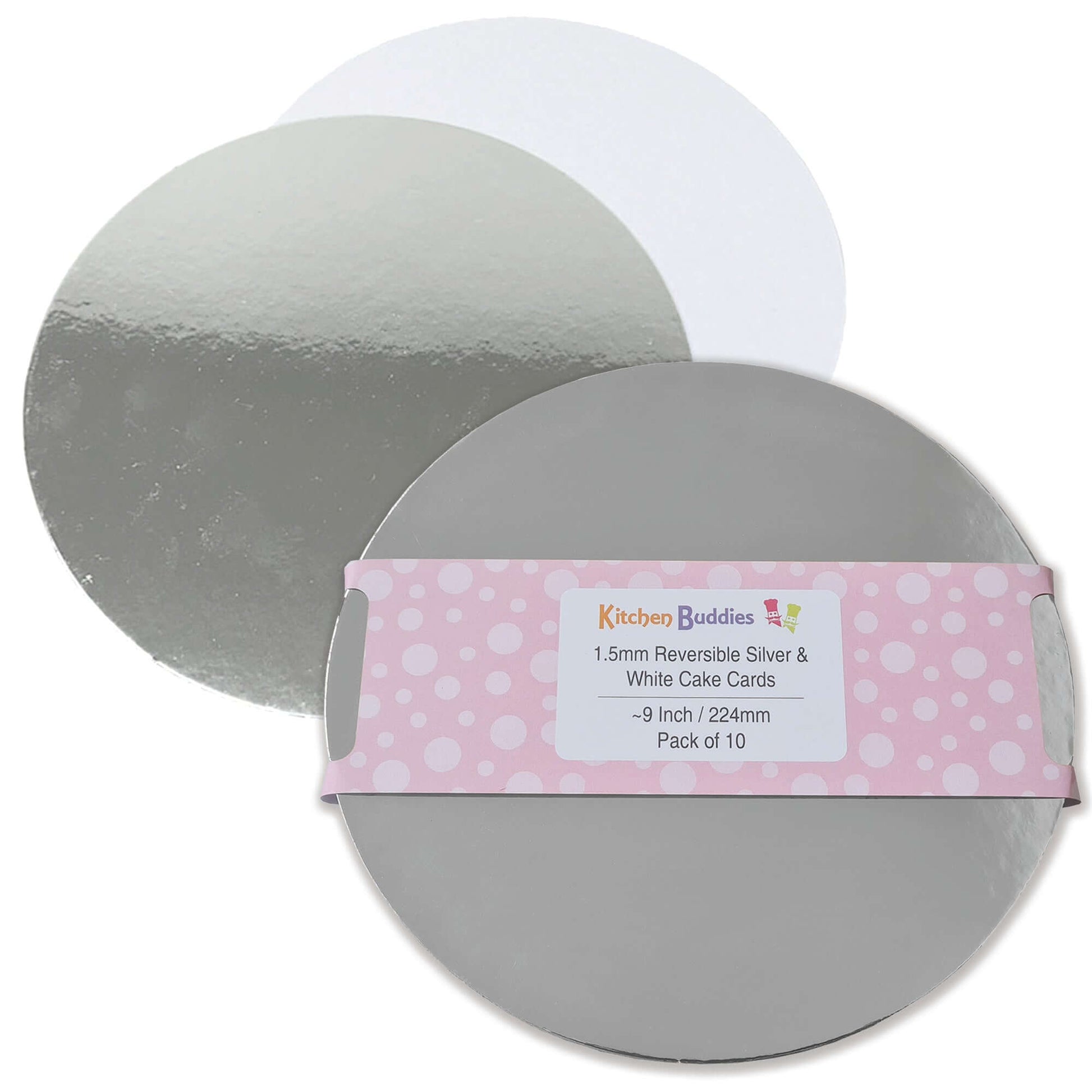 Round reversible silver and white cake cards, 1.5mm thick, 9 inch size, ideal for desserts and cake presentation.
