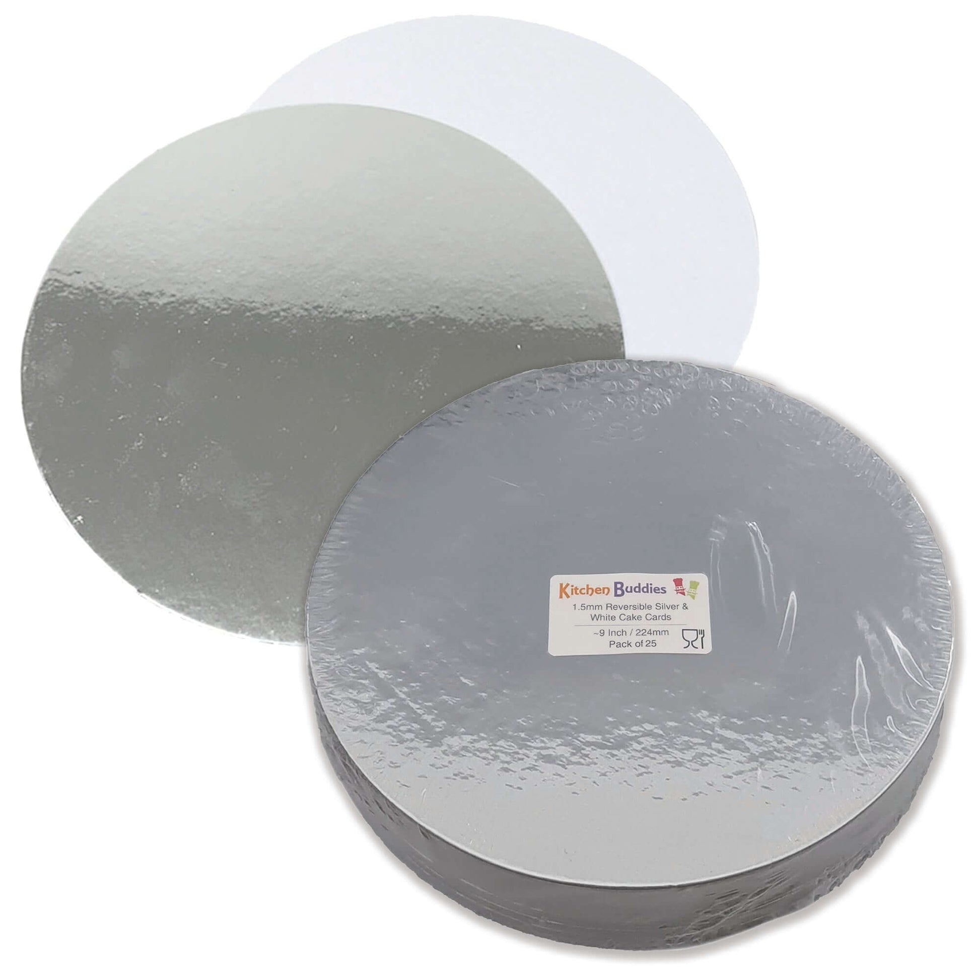 Round reversible silver and white cake cards, 1.5mm thick, perfect for cake presentation and stacking.