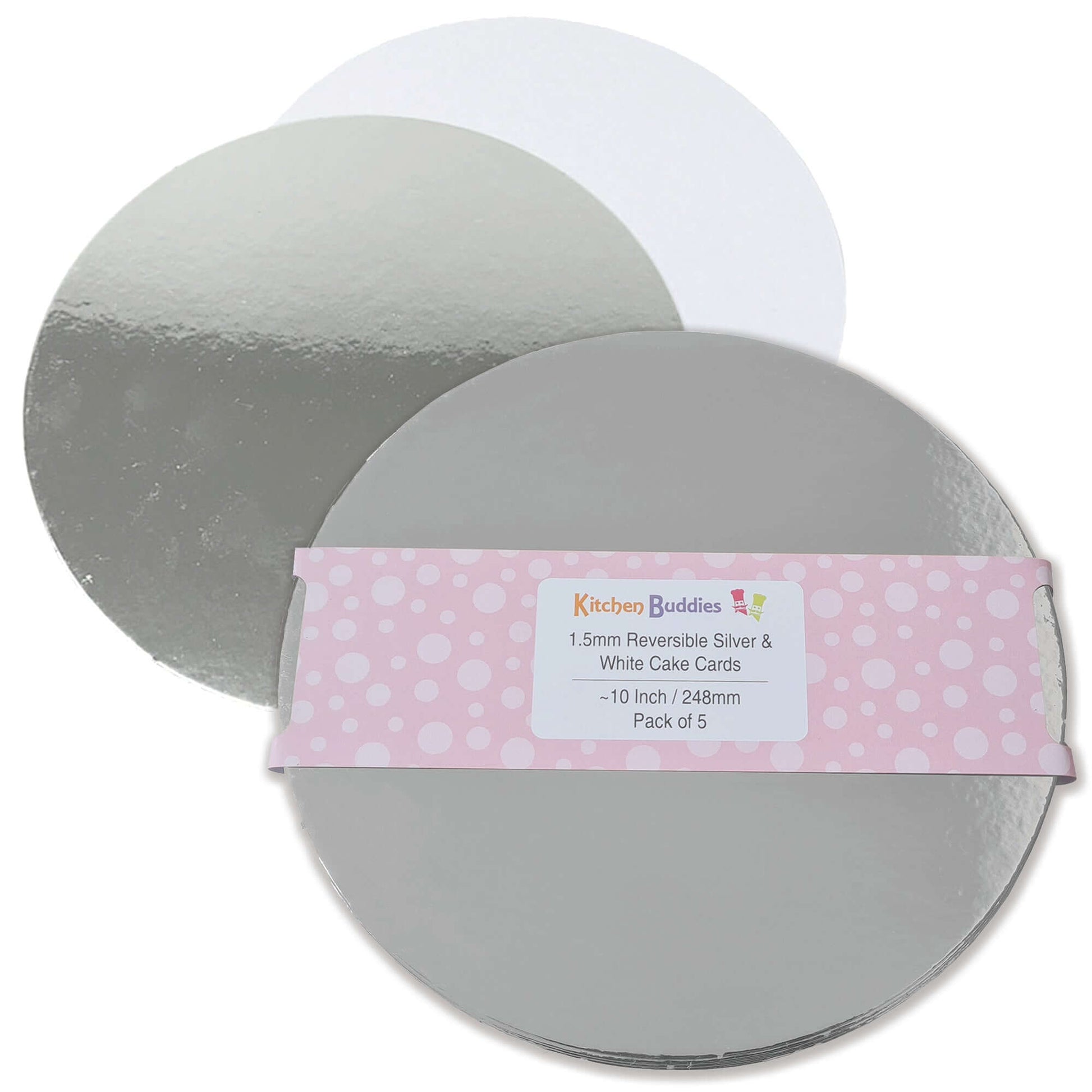 Round reversible silver and white cake cards, 1.5mm thick, ideal for desserts and cake presentation, pack of 5.
