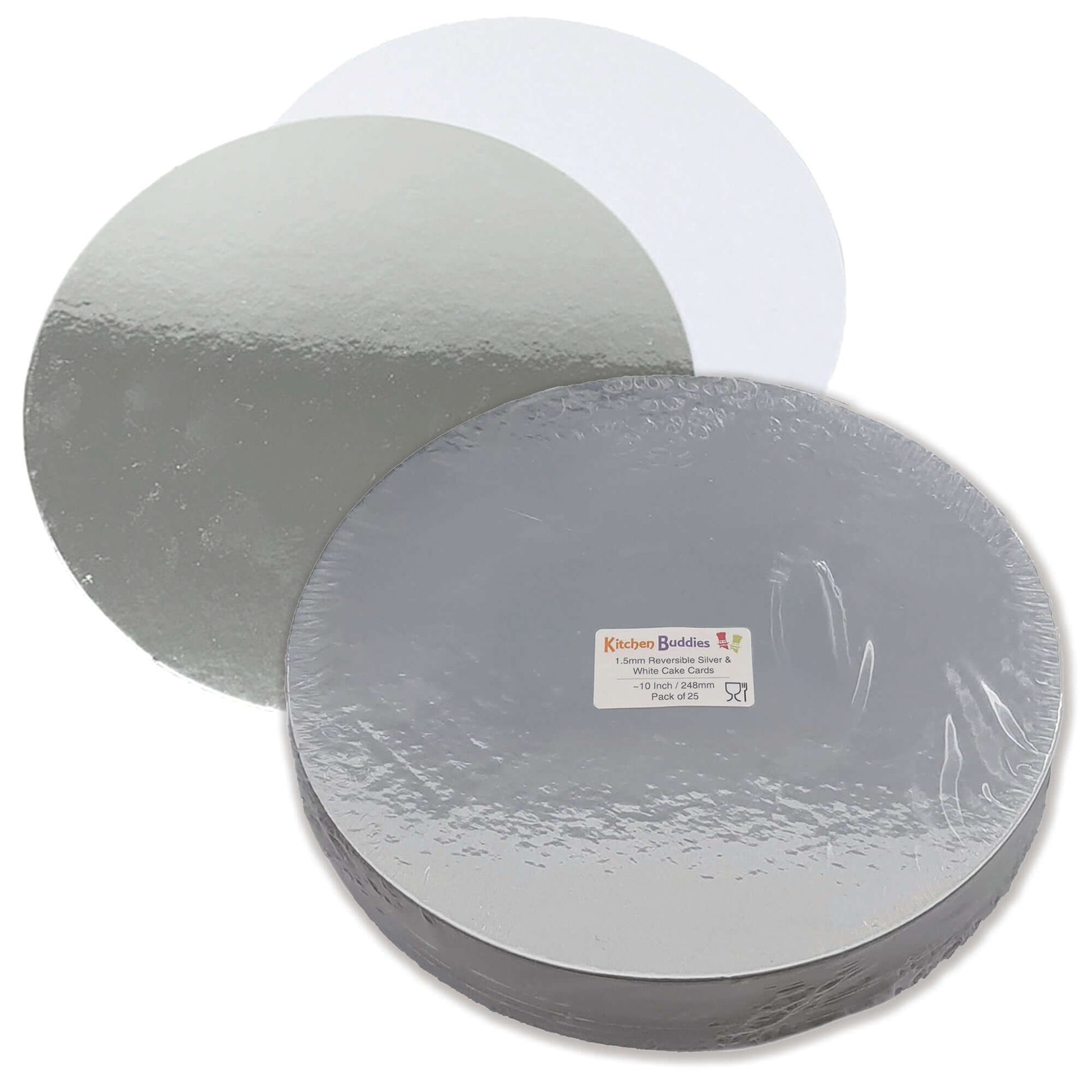 Round reversible silver and white cake cards, 1.5mm thick, ideal for cakes and dessert presentation.