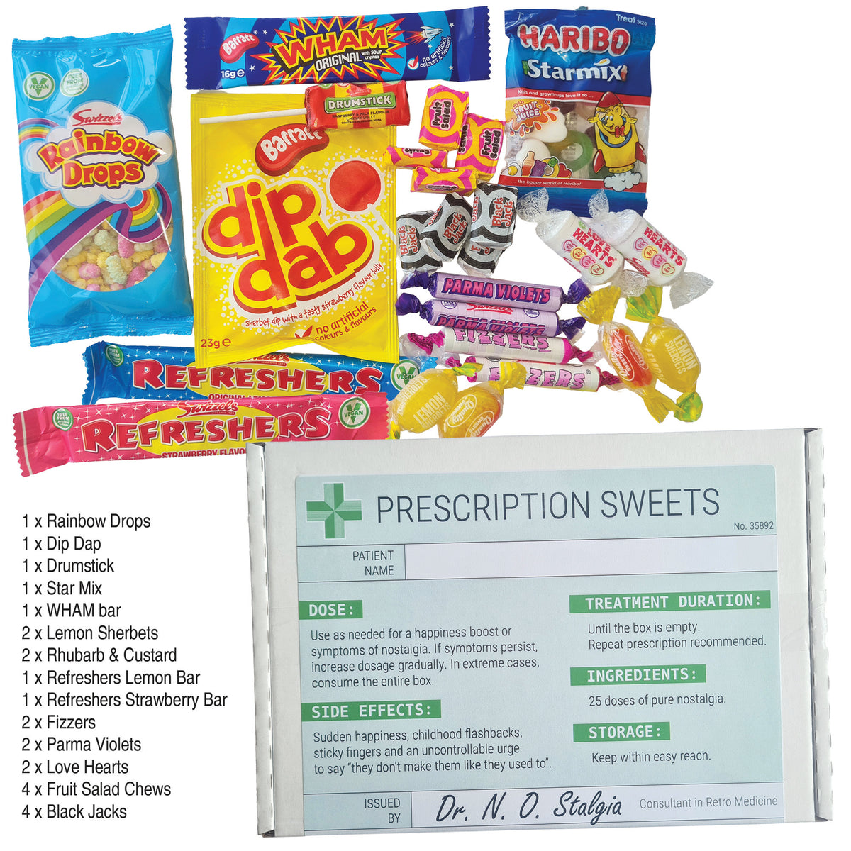 Prescription Retro Sweets Gift Box 25pc, Letterbox Candy Hamper