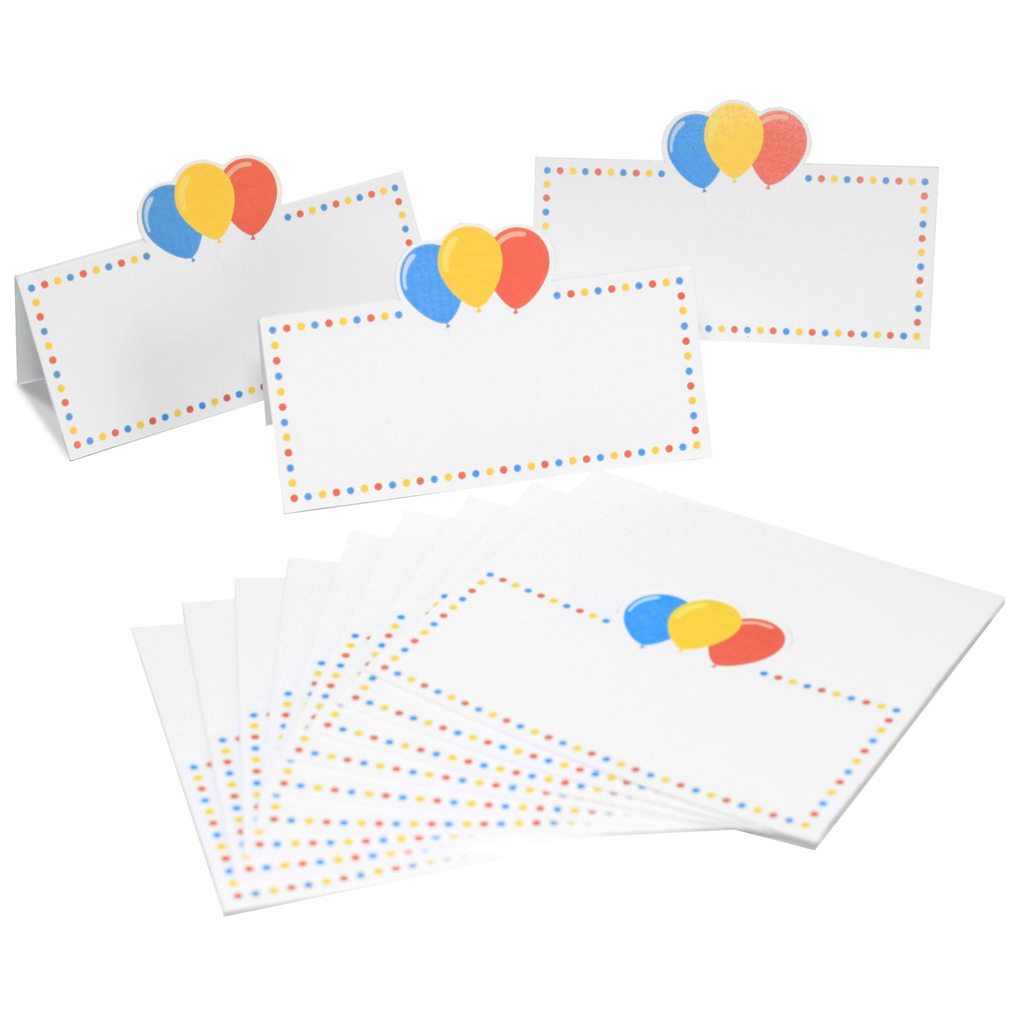 Balloon design table place name cards in a pack of 12, perfect for party celebrations, easy to write on.