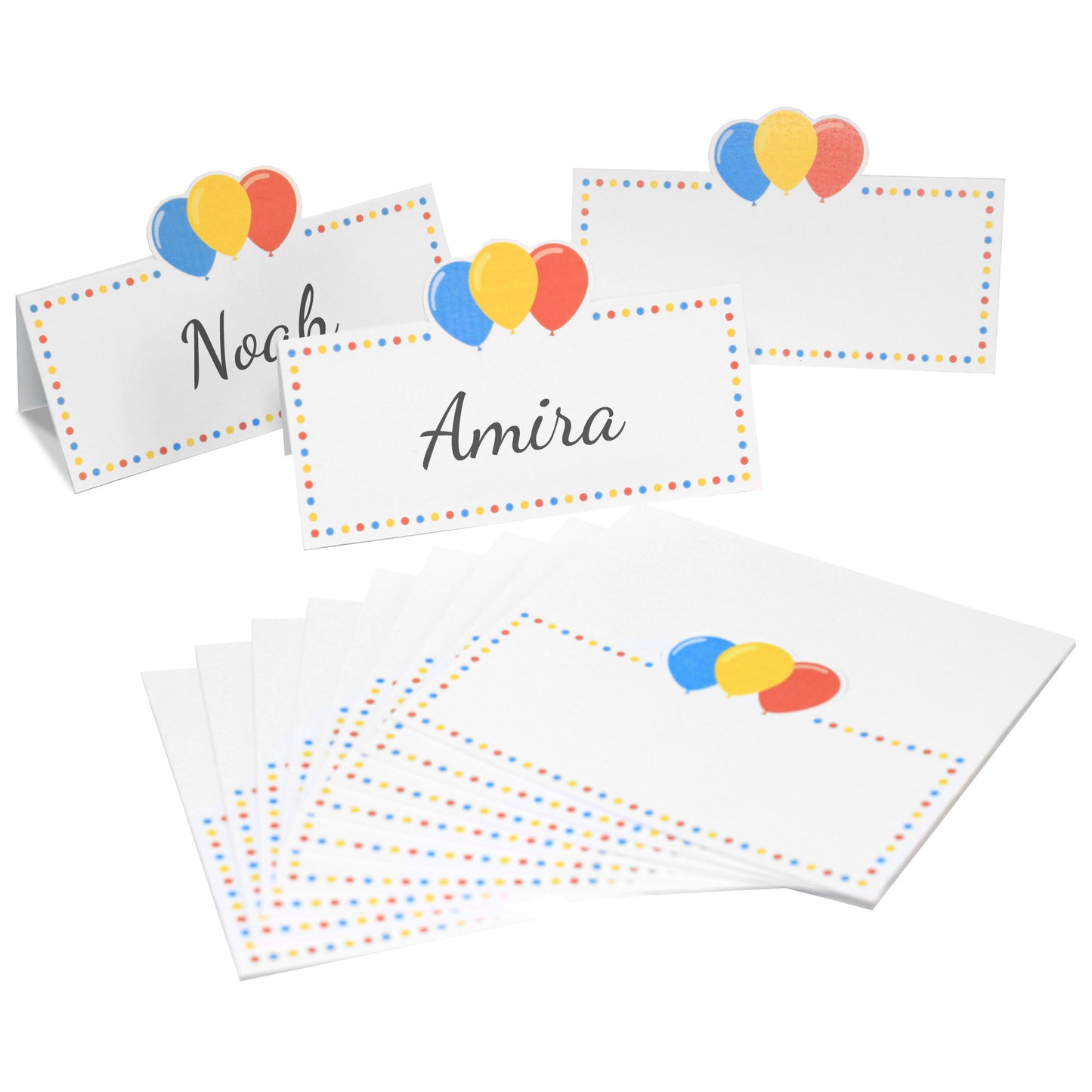 Balloon design table place name cards, 12-pack, featuring colorful balloons and space for handwritten names. Perfect for celebrations.