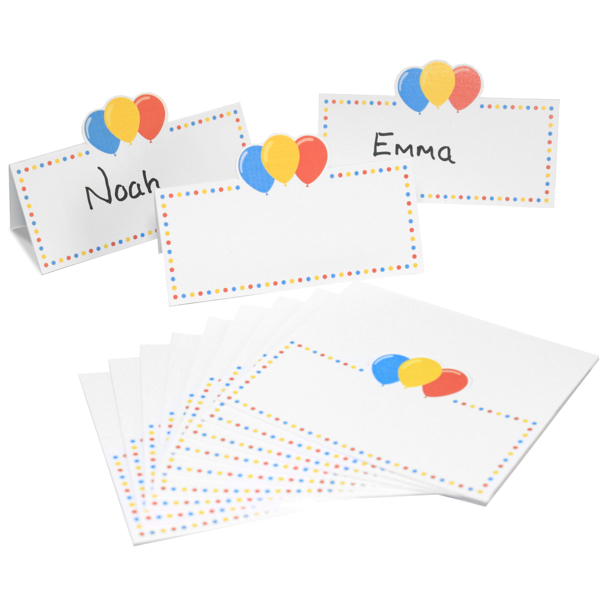 Balloon design celebration table place name cards for parties, featuring space for handwritten names, 12-pack.