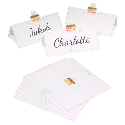 Birthday cake celebration place name cards 12-pack with space for handwritten names and colorful cake design.