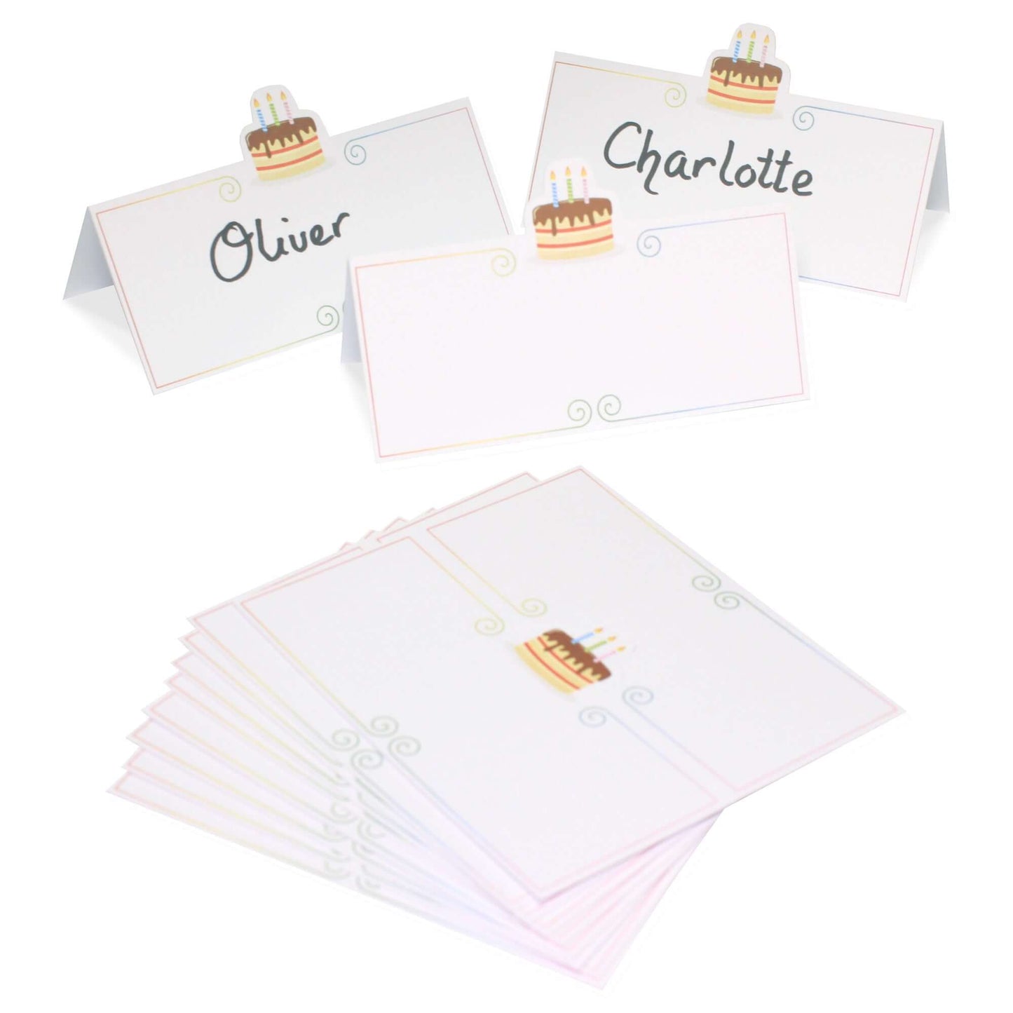 Birthday Cake Celebration Place Name Cards set showing designed name placeholders for party tables, ideal for personalizing celebrations.