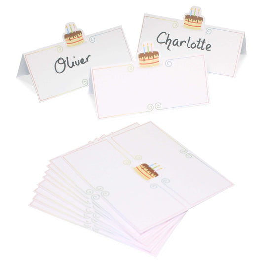 Birthday Cake Celebration Place Name Cards set showing designed name placeholders for party tables, ideal for personalizing celebrations.