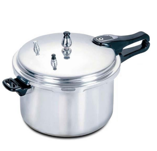 Tri-Star Aluminium Pressure Cooker 9Ltr with automatic safety valves and dual handles for easy use.