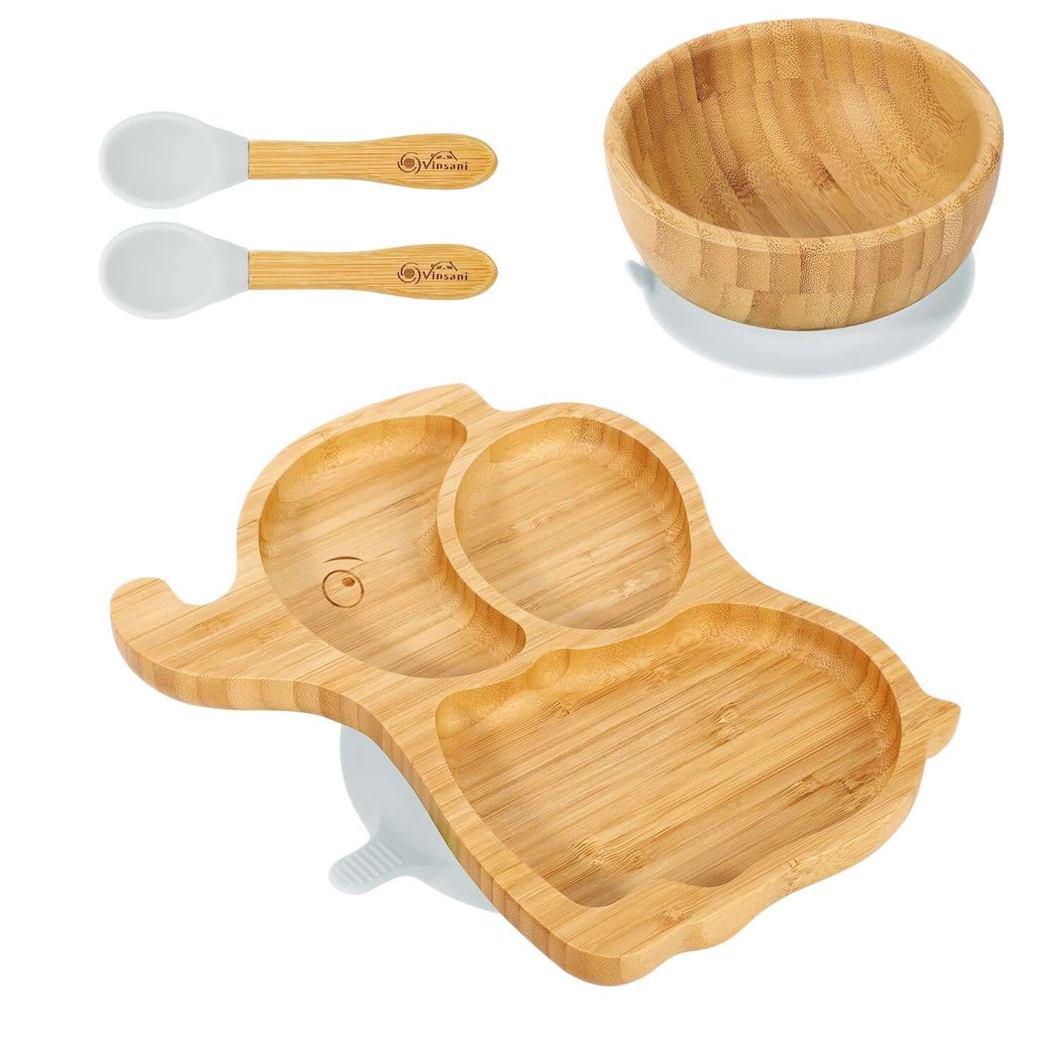 Vinsani natural bamboo elephant plate, bowl, and 2 spoons set for kids, featuring a non-slip base and easy-clean design.