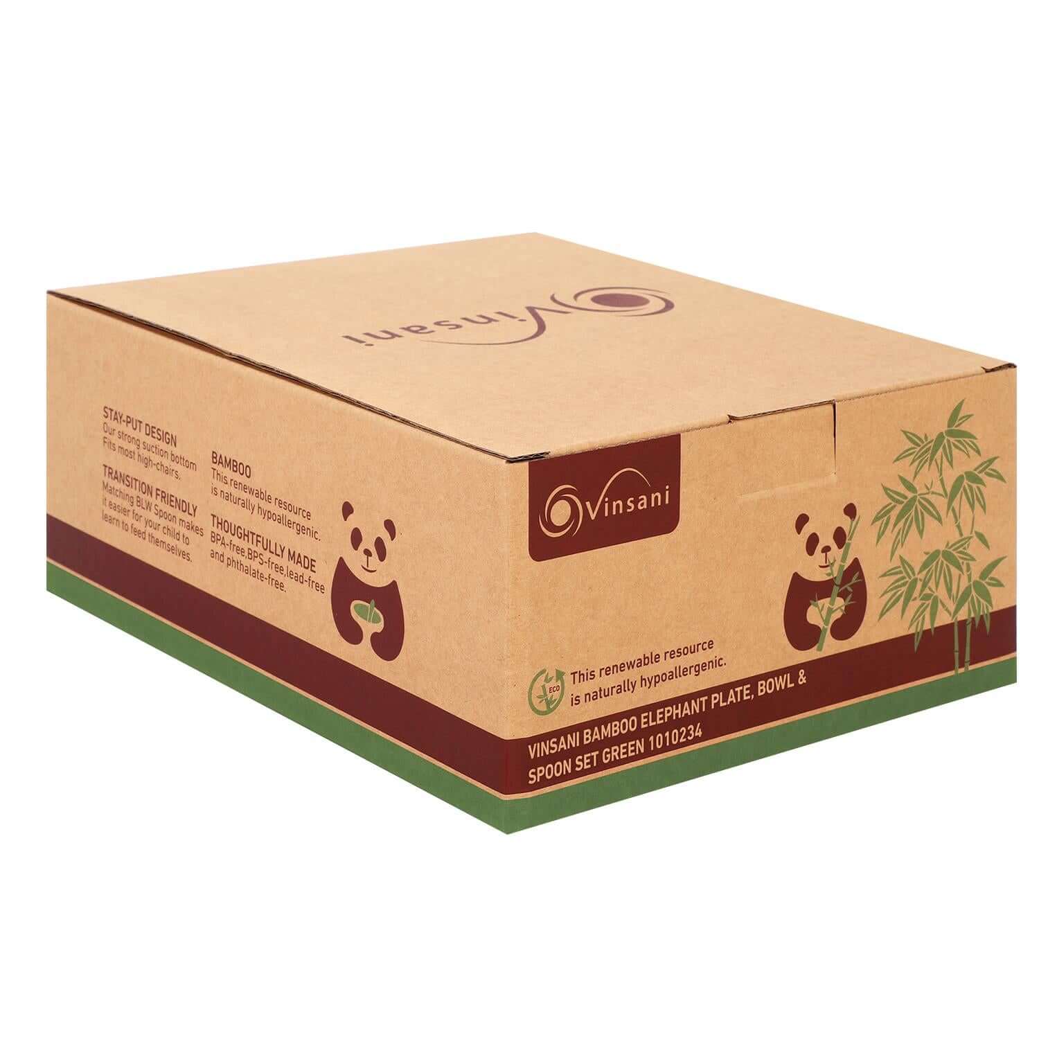 Vinsani bamboo elephant plate, bowl, and spoon set packaging featuring eco-friendly design and playful graphics.