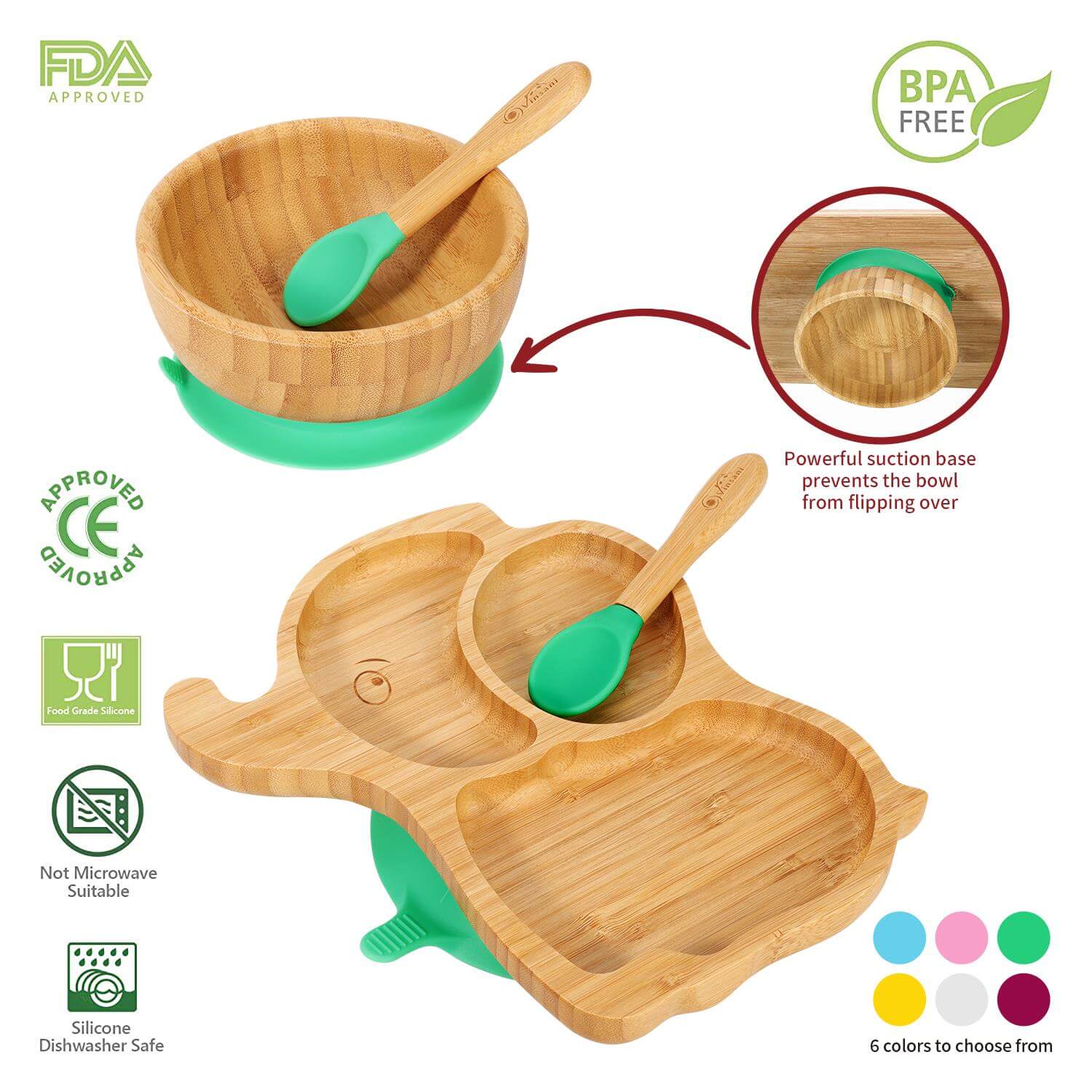 Vinsani bamboo elephant plate, bowl, and spoons set with non-slip base, BPA-free, easy clean, perfect for kids.