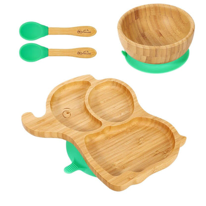 Vinsani bamboo elephant plate, bowl, and spoons set for kids, featuring non-slip base and easy clean design.