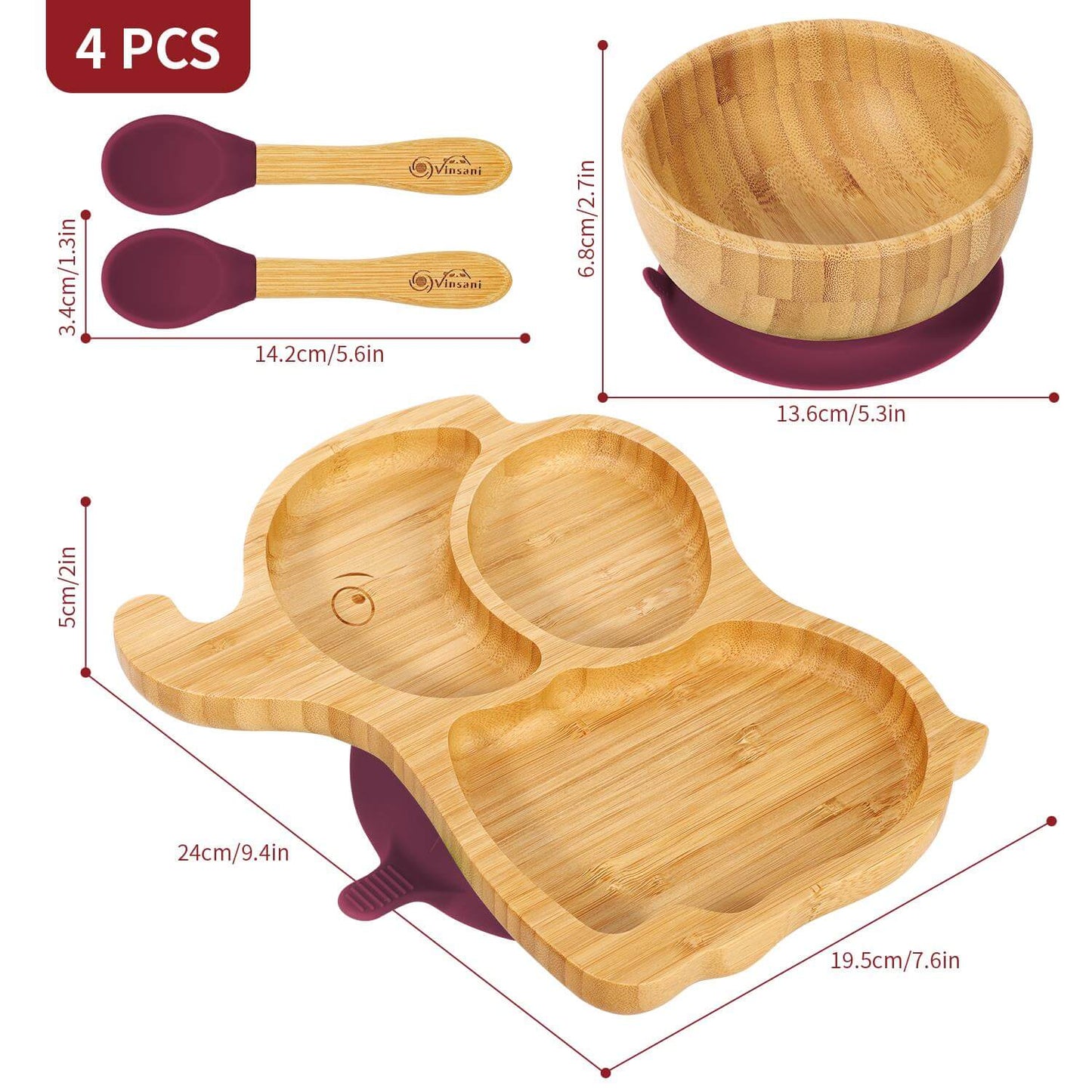 Vinsani Bamboo elephant plate, bowl, and spoon set featuring non-slip base, 3 sections, and easy clean design for kids.