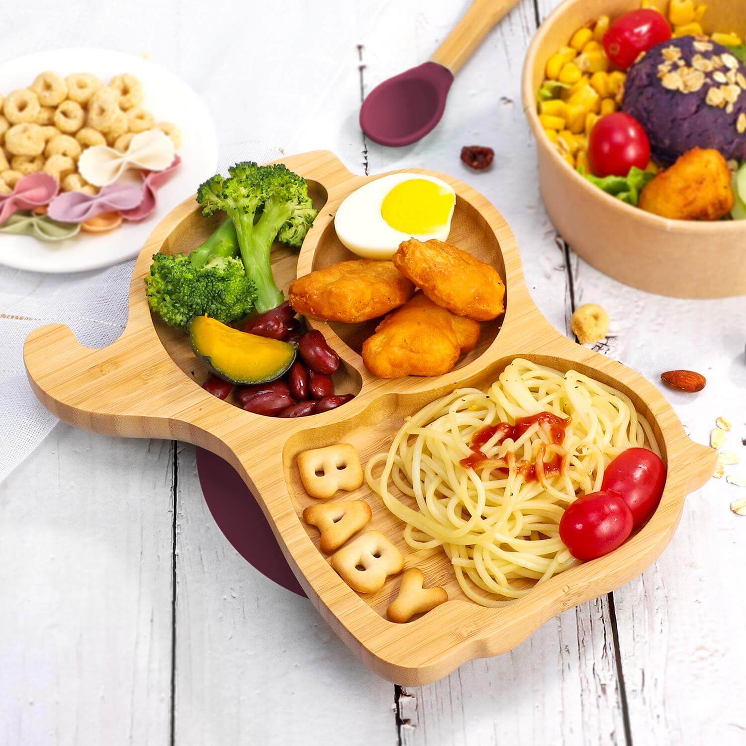 Vinsani natural bamboo elephant plate with 3 sections, featuring healthy food for kids, non-slip base, and easy clean design.