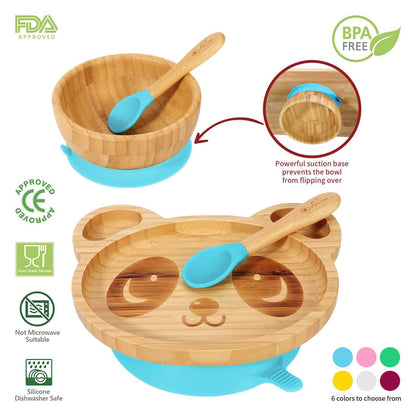 Vinsani Bamboo Panda Plate, Bowl & Spoon Set with suction base for easy clean, BPA free, and fun for children.