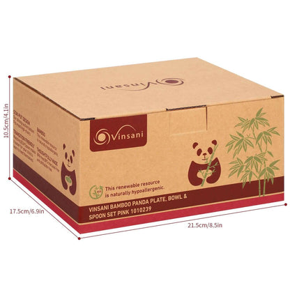 Vinsani Bamboo Panda Plate, Bowl & Spoon Set packaging with dimensions, featuring a panda design and eco-friendly messaging.