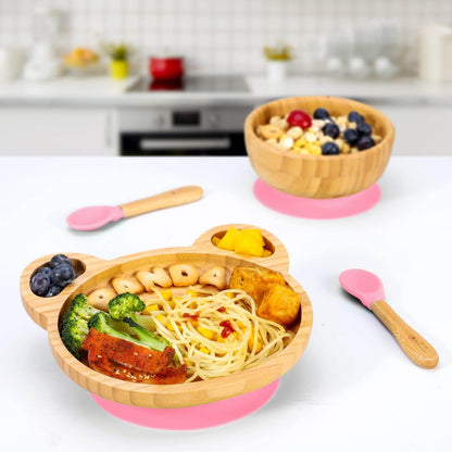 Vinsani Bamboo Panda Plate set with food, featuring suction base and child-friendly spoons for easy cleaning.