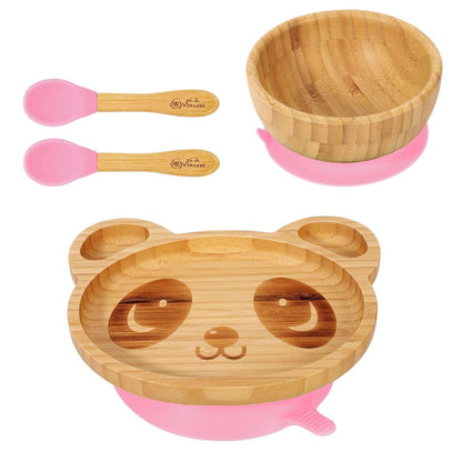 Vinsani bamboo panda plate, bowl, and spoons set with natural bamboo, suction base, perfect for children's fun meals.