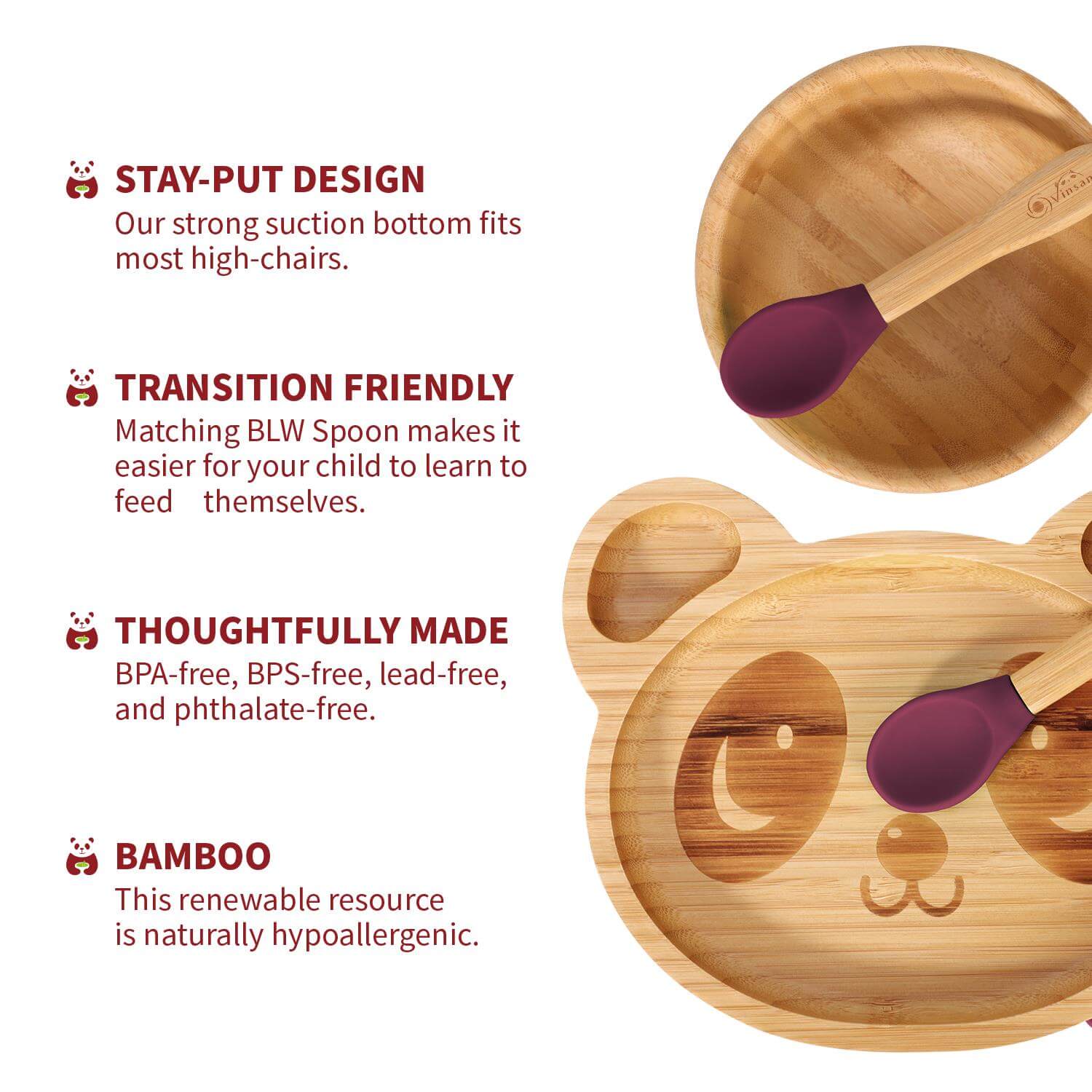 Vinsani Bamboo Panda Plate with matching spoon, highlighting stay-put design and BPA-free features.