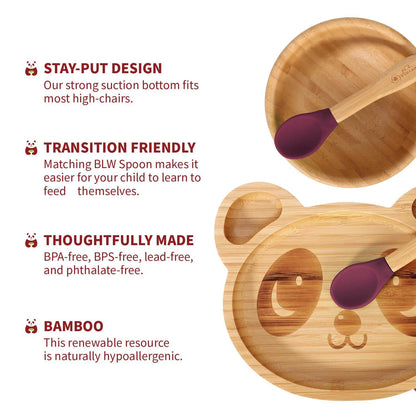 Vinsani Bamboo Panda Plate with matching spoon, highlighting stay-put design and BPA-free features.