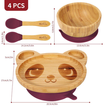 Vinsani Bamboo Panda Plate, Bowl & 2 Spoons Set with suction base for easy cleaning and fun meal prep for children.