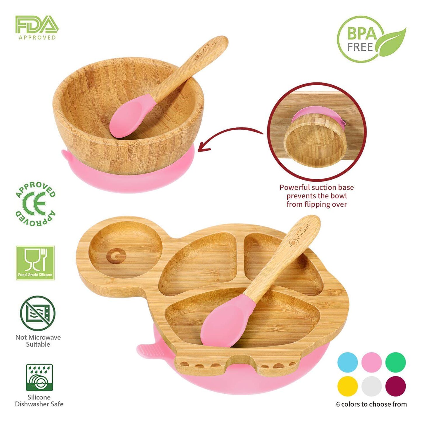 Vinsani Natural Bamboo Turtle Plate and Bowl Set with 2 Spoons, BPA-free, suction base, easy clean children's fun bowls.