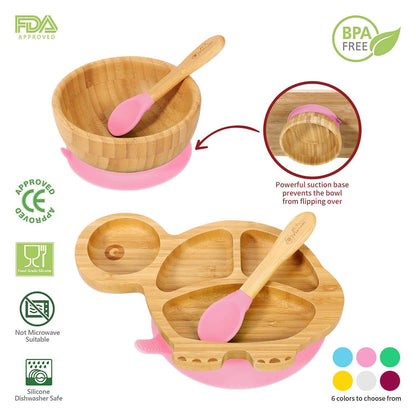 Vinsani Natural Bamboo Turtle Plate and Bowl Set with 2 Spoons, BPA-free, suction base, easy clean children's fun bowls.