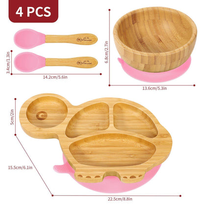 Vinsani Bamboo turtle plate, bowl & spoons set, natural bamboo with suction base for easy clean children's meals.