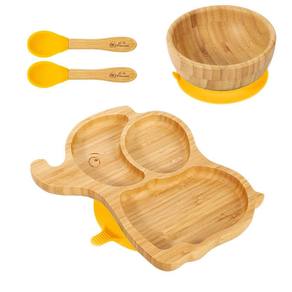 Vinsani bamboo elephant plate, bowl, and spoons set, natural, non-slip base, easy clean for kids and toddlers.