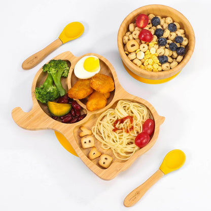 Vinsani Bamboo elephant plate and bowl set with food, featuring non-slip base and 2 spoons for easy feeding.