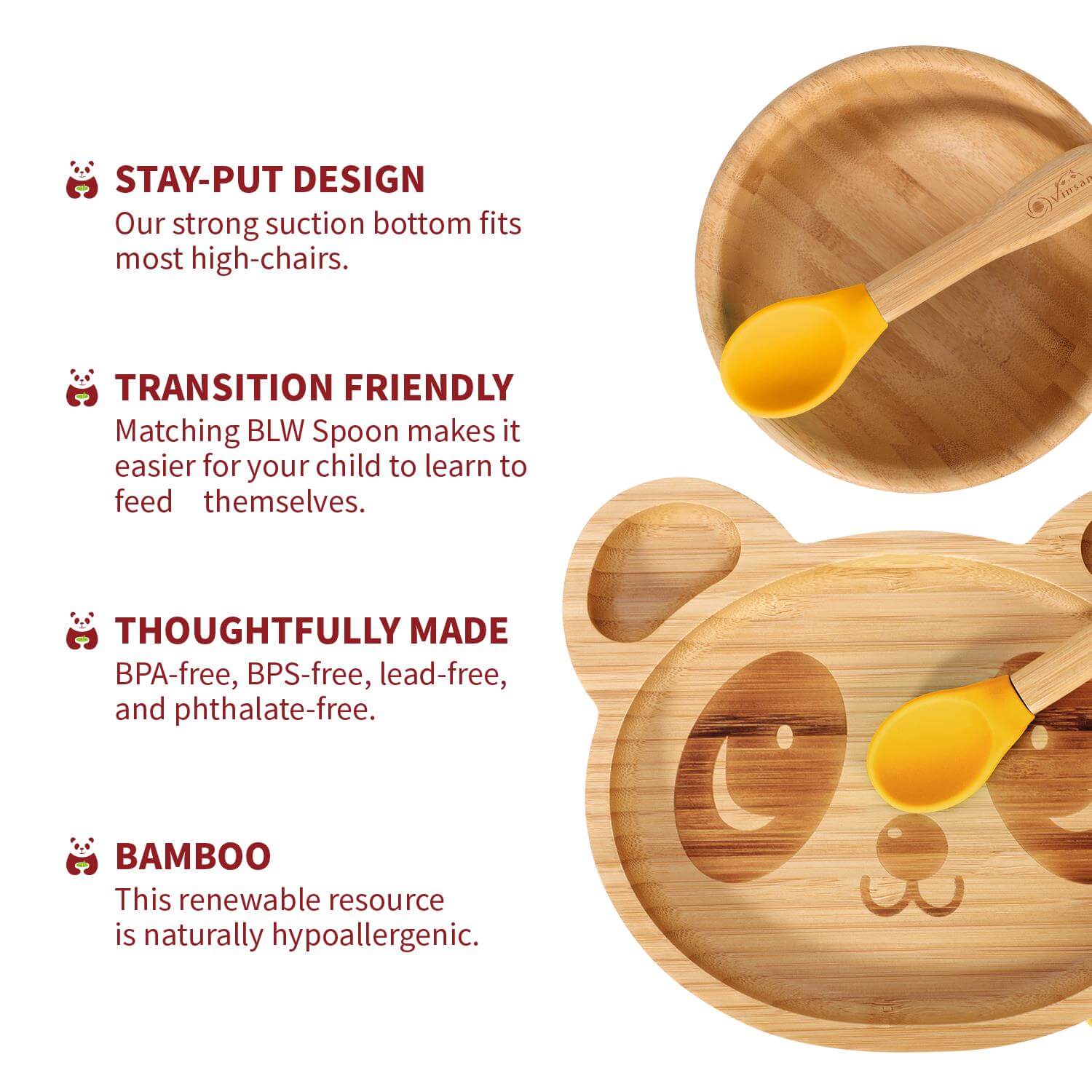 Vinsani bamboo panda plate with strong suction, matching spoon, and hypoallergenic design for safe meals.