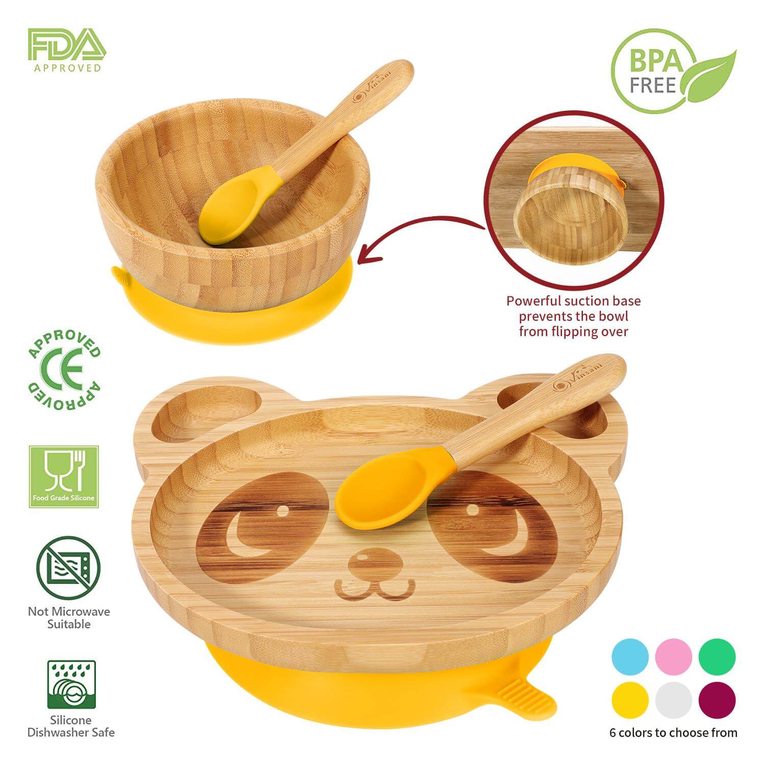 Vinsani bamboo panda plate and bowl set with suction base, 2 spoons for easy cleaning and fun meals for children.