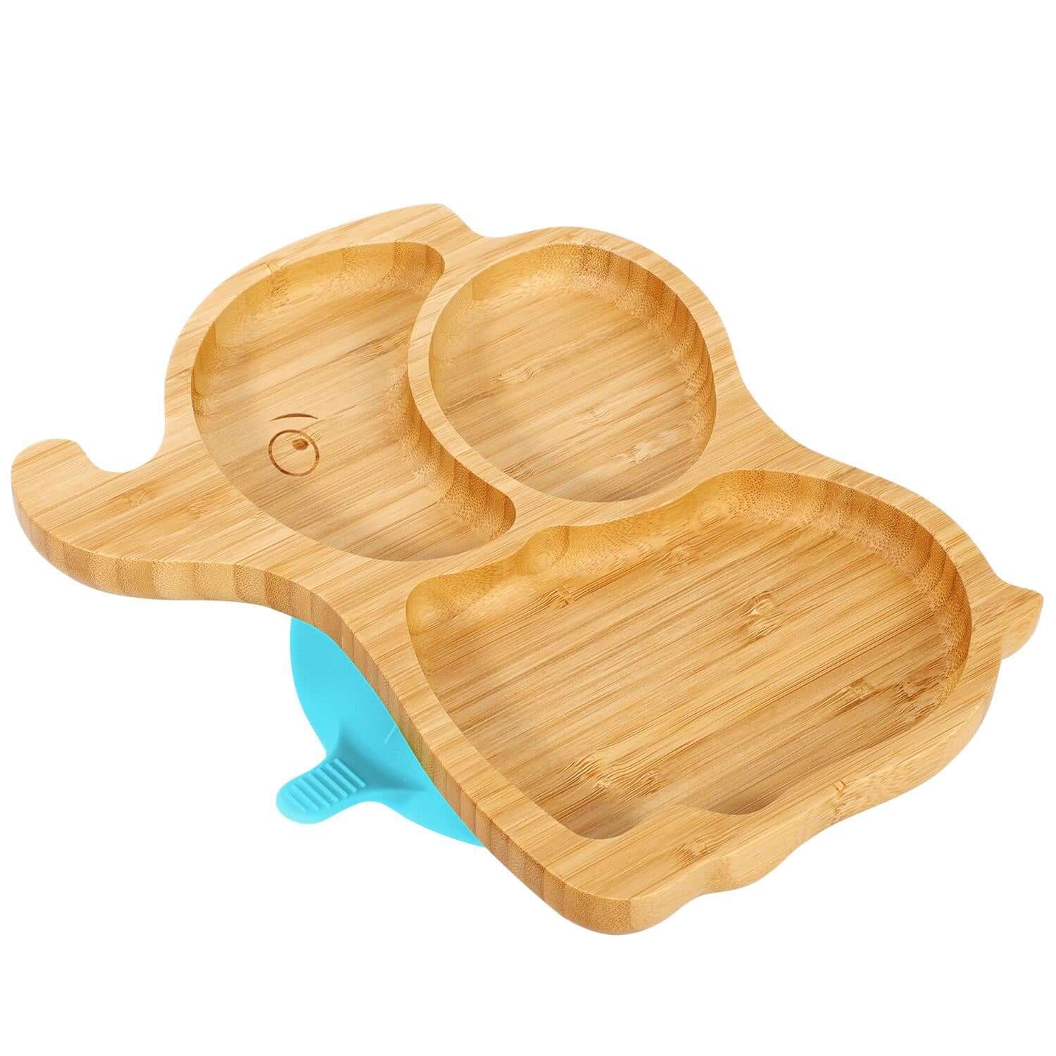 Vinsani bamboo elephant plate with three sections and non-slip base, ideal for kids' meals and easy cleaning.