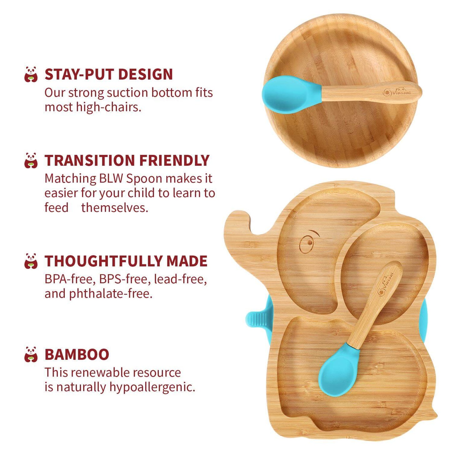 Vinsani Bamboo Elephant plate and bowl set with spoons, featuring suction base and hypoallergenic materials for kids.